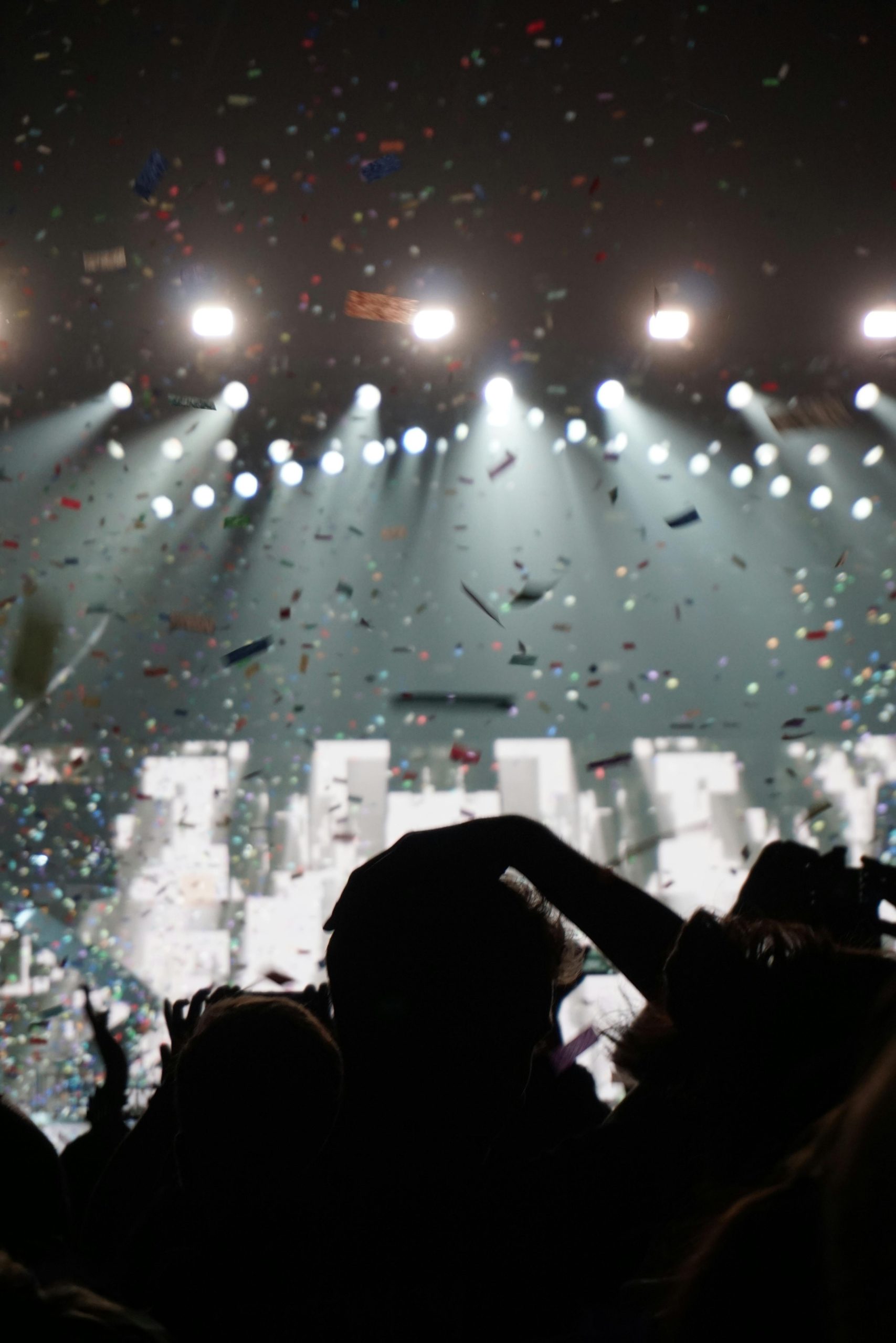 Silhouetted crowd enjoying a concert with vibrant confetti and bright stage lights.